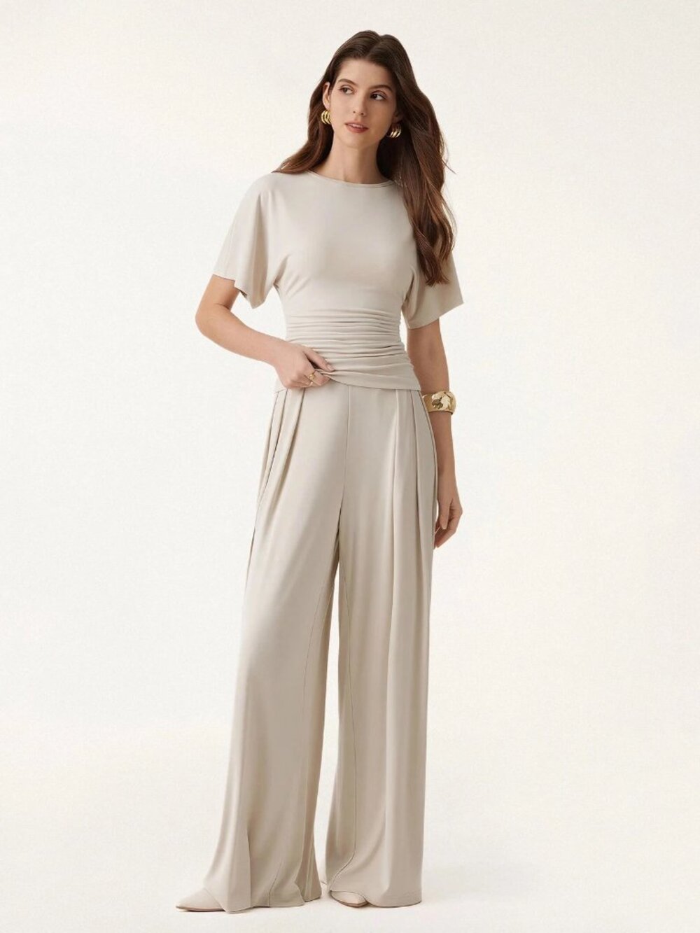 OGL 2Pcs Set Boatneck Batwing Sleeve Top & Wide Leg Palazzo Pant, M